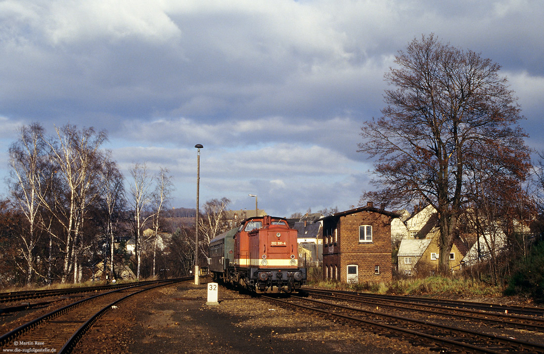 202 591 fährt mit der RB7873 Rochlitz - Chemnitz in Wechselburg ein