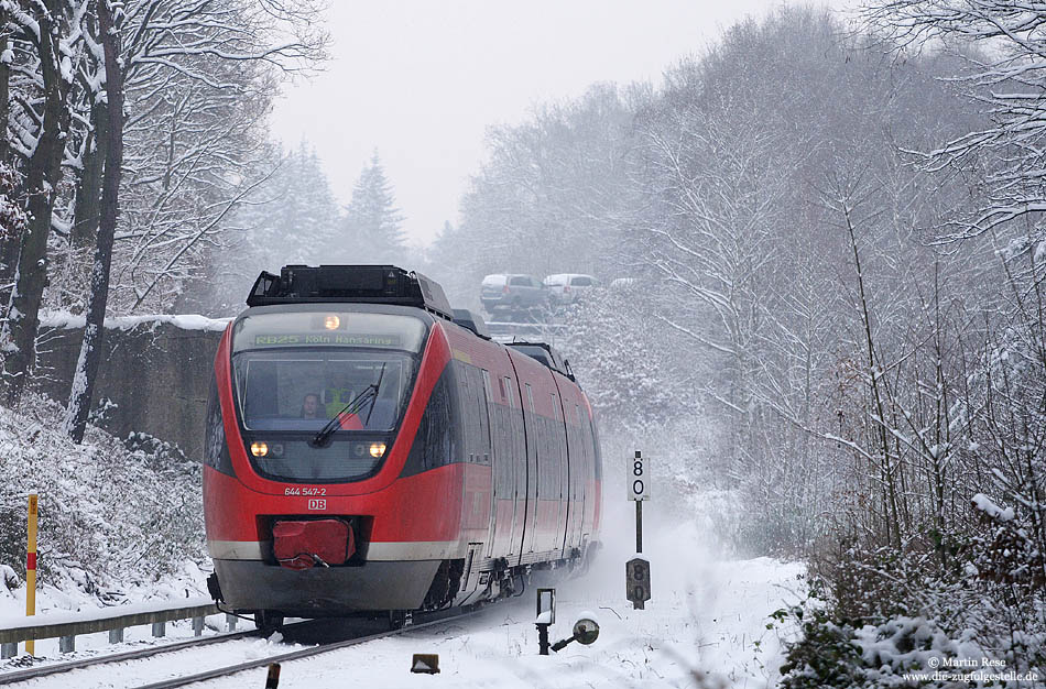 Am 5.1.2009 fährt der 644 547 durch den verschneiten Königsforst und passiert den ehemaligen Nato-Anschluss bei Porz Heumar.