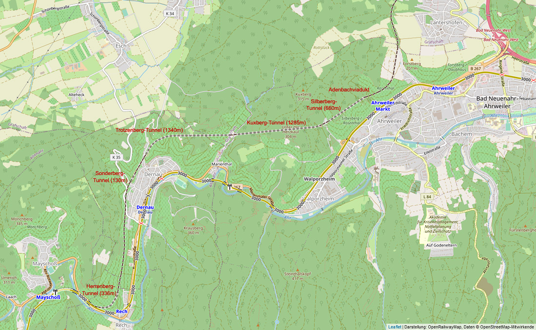 Karte der strategischen unvollendeten Strecke im Ahrtal