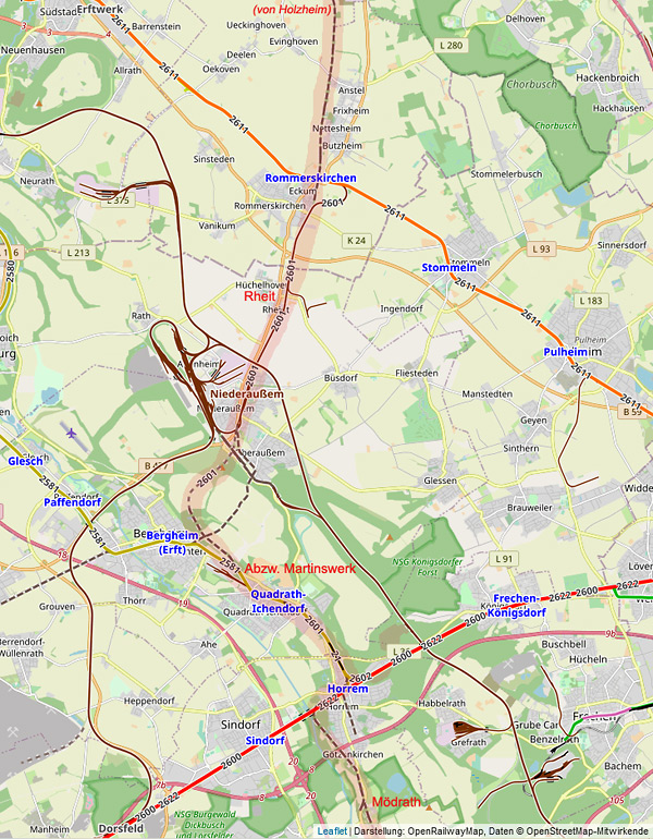 Karte der unvollendeten strategischen Bahnstrecke im Bereich Rommerskirchen, Berghein und Horrem