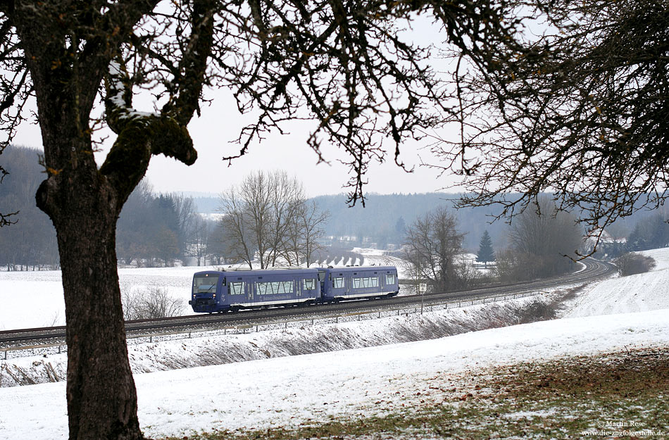 Am trüben und kalten 27.1.2010 fährt der, aus dem VT67 und VTVT64 gebildete, BOB87221 zwischen Oberzell und Meckenbeuren nach Friedrichshafen.