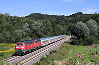 Von Aulendorf bis Mochenwangen verläuft die Südbahn für einige Kilometer im Durlesbachtal. Hier, abseits des Straßenverkehrs stört der IC119 nur kurz die Ruhe des 25.8.2010. Als Zuglok dienten an diesem Tag die 218 495 und 487.