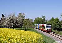 In Aulendorf zweigt die Zollernalbbahn nach Tübingen von der Südbahn ab. Am 7.5.2009 haben die gekuppelten VT220 und VT44 als RB 22814 Aulendorf in Richtung Sigmaringen verlassen. Von dort aus wird dieser Zug seine Fahrt als HZL85766 nach Tübingen fortsetzen. 