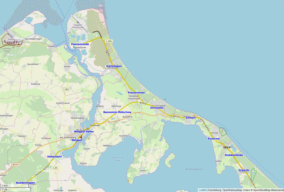 Landkarte vom nördlichen Teil von Usedom mit Eisenbahnstrecken