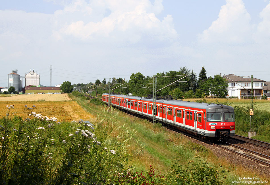 Nachdem im Frühjahr 2009 der Essener 420-Bestand aufgelöst wurde, findet man diese Baureihe nur noch in Frankfurt und Stuttgart. Dabei sind die älteren Fahrzeuge in und um der Mainmetropole im Einsatz. Unter anderem wird hier die S7 zwischen Frankfurt und Riedstadt Goddelau mit den betagten Triebwagen gefahren. Bei Riedstadt Wolfskehlen hat der 420 310 sein Ziel Riedstadt Goddelau fast erreicht. 1.7.2009  