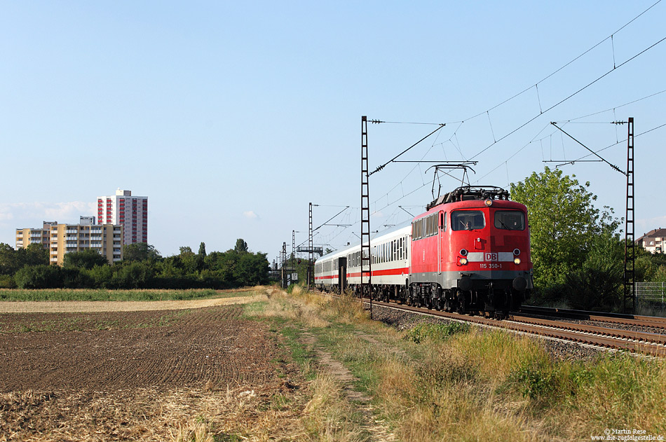 Auch im Jahr 2013 gibt es „Heckeneilzüge“ oder in diesem Fall besser gesagt „Hecken-Intercitys“! Auf der Fahrt von Frankfurt Hbf nach Karlsruhe Hbf nutzt der IC2285 nicht etwa den direkten Weg über Mannheim, er fährt über Biblis, Worms, Schifferstadt und Germersheim. Die Bespannung gehört zu den Aufgaben der Baureihe 181. Am 20.8.2013 kam hier außerplanmäßig die 115 350 zum Einsatz, fotografiert südlich von Frankenthal.