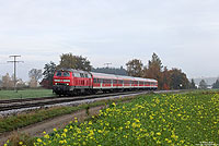 Die württembergische Südbahn ist das Haupteinsatzgebiet der Ulmer 218, die hier überwiegend mit Doppelstockwagen unterwegs sind. Einige Züge werden jedoch noch immer mit n-Wagen gefahren. So verkehrte am 25.10.2013 der IRE4207 mit solchen Wagen, fotografiert bei Bad Schussenried.