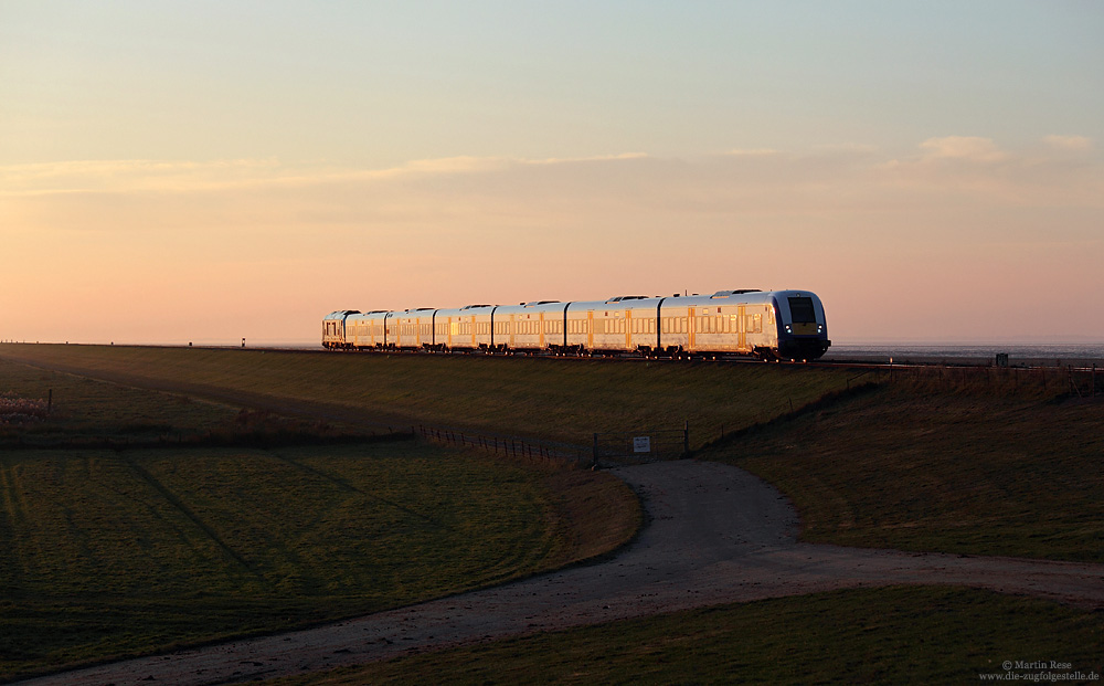 Im letzten Licht des 25.10.2016 erreicht die NOB81729 (Westerland – Hamburg Altona) das Festland.