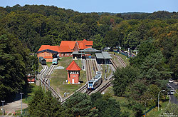 Blick vom Aussichtsturm der Ostseetherme in Ahlbeck auf den Bahnhof Heringsdorf