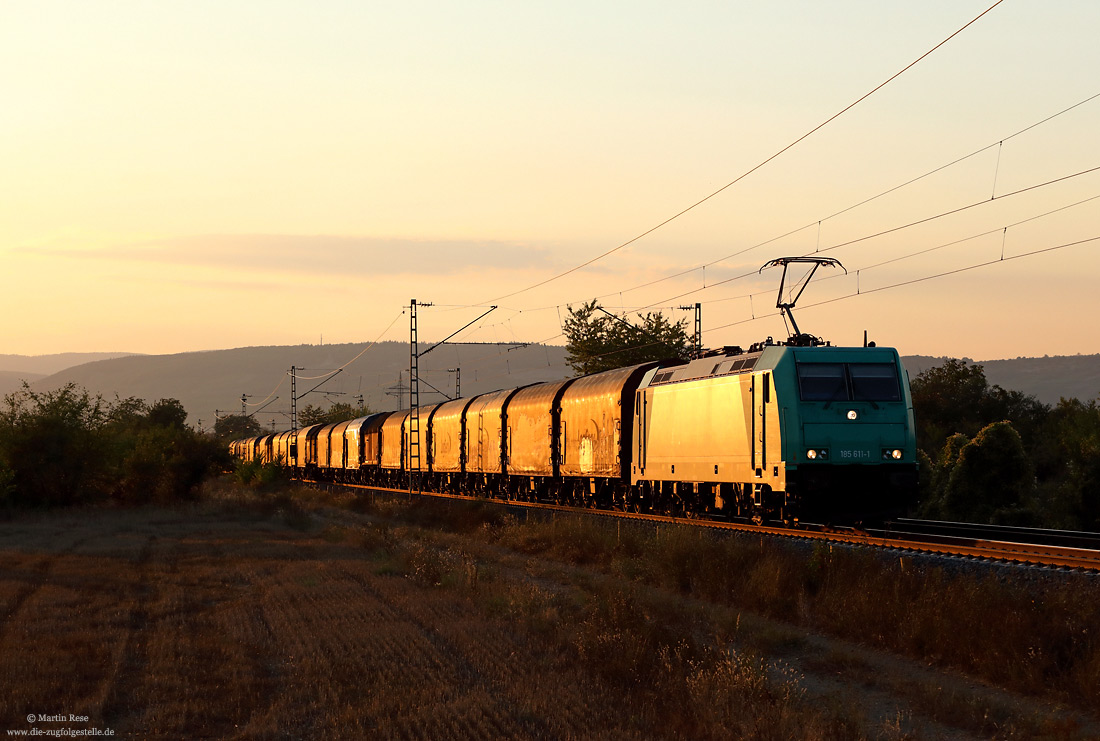 186 611 mit Güterzug im Streiflicht bei Gau Algesheim