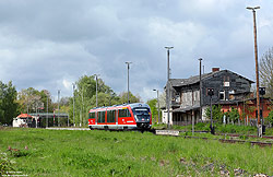 642 009 im Bahnhof Hohenebra mit verfallenen Bahnhofsgebäude