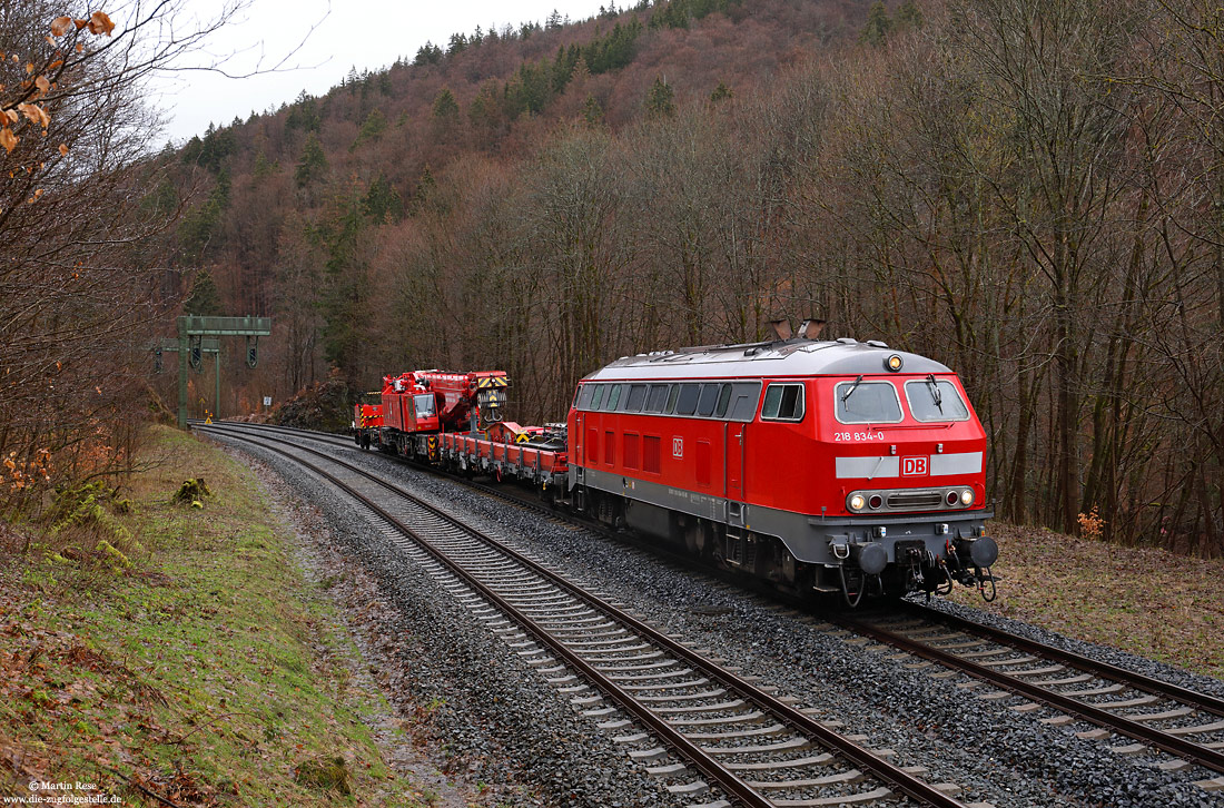 218 834 mit DB-Netz Notfallkran 732 001 im Bahnhof Gehlberg im Thüringer Wald
