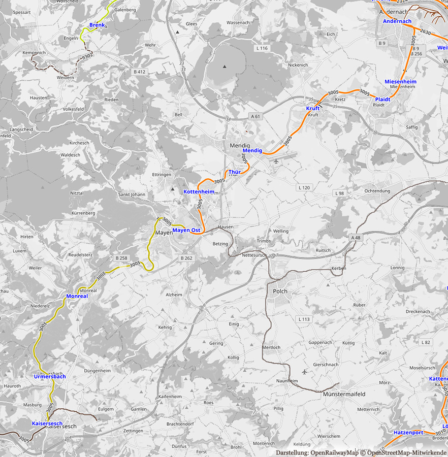 Verlauf der Strecke im östlichen Streckenabschnitt. Gut zu erkennen sind die inzwischen abgebauten Strecken Mayen Ost - Ochtendung - (Koblenz-Lützel) sowie Polch - Münstermaifeld.