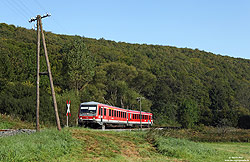 629 313 zwischen Monreal und Urberbach mit Telegrafenleitungen im Tal der Thürelz auf der Pellenz-Eifel-Bahn