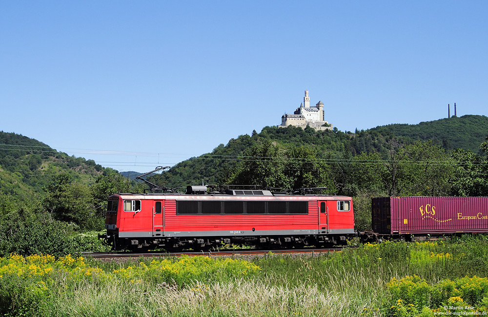 An gleicher Stelle entstand das Foto der 155 249 mit der Marksburg im Hintergrund. 6.8.08