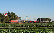 Mit eingereihten ehemaligen Cisalpino-Wagen fährt der EC100 nahe Sechtem gen Köln. Zuglok am 9.10.2010 war die 101 139.