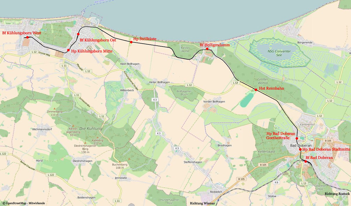 Die Karte zeigt den Verlauf der 900mm-Strecke von Bad Doberan über Heiligendamm nach Kühlungsborn West, sowie die Regelspurstrecke in Bad Doberan nach Rostock und Wismar.