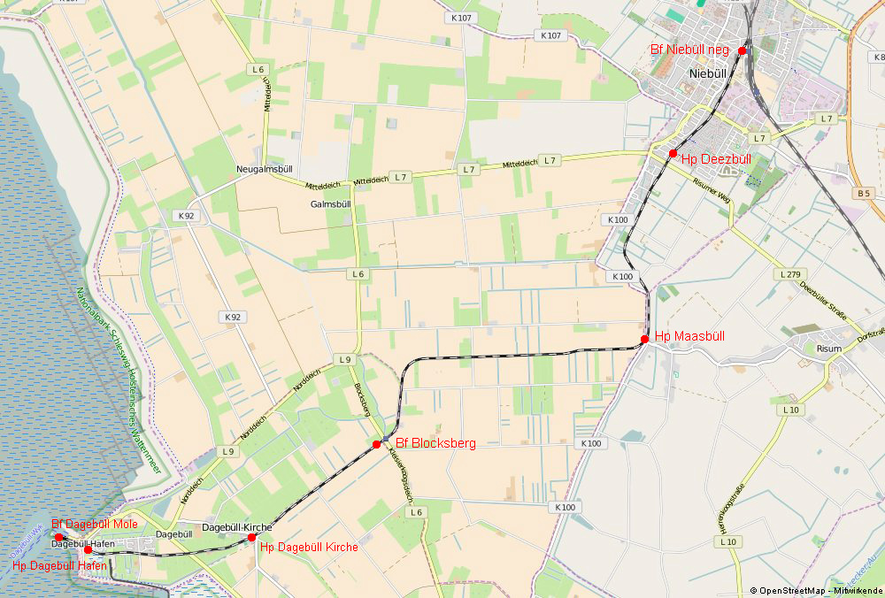 Streckenkarte der neg-Strecke Niebüll - Dagebüll