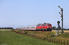 218 342 passiert mit dem IC2315 Westerland - Frankfurt das Einfahrsignal von Lehnshallig auf der Marschbahn