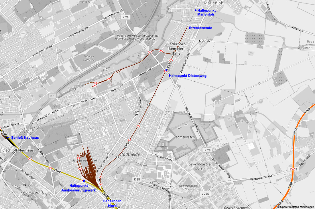 Streckenkarte der Strecke Paderborn - Bad Lippspringe