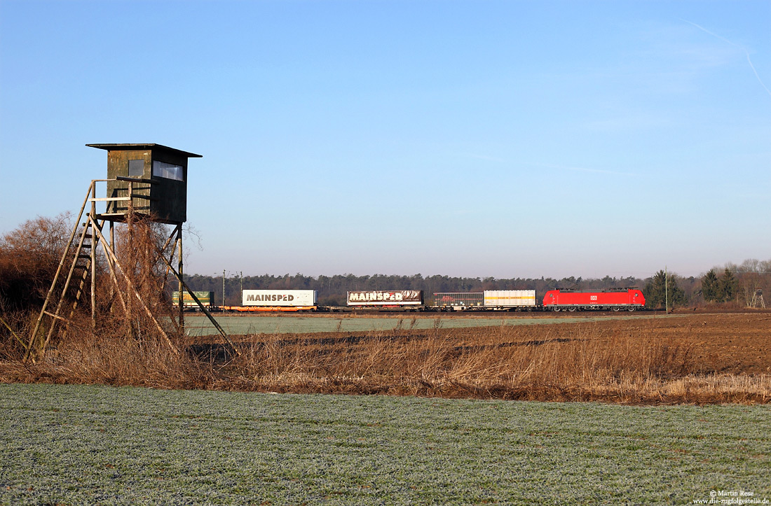 185 in verkehrsrot mit KLV-Zug am Hochsitz bei Friedrichstal (Baden)